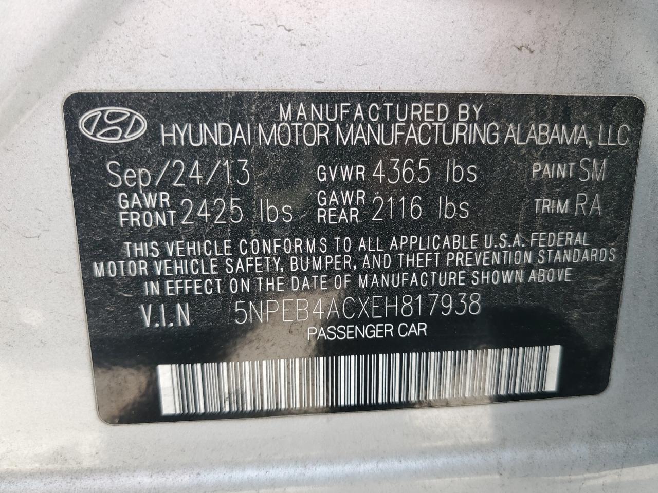 2014 Hyundai Sonata VIN 5NPEB4ACXEH817938 Copart auction photo, rear end / minor dent/scratches damage thumbnail 14