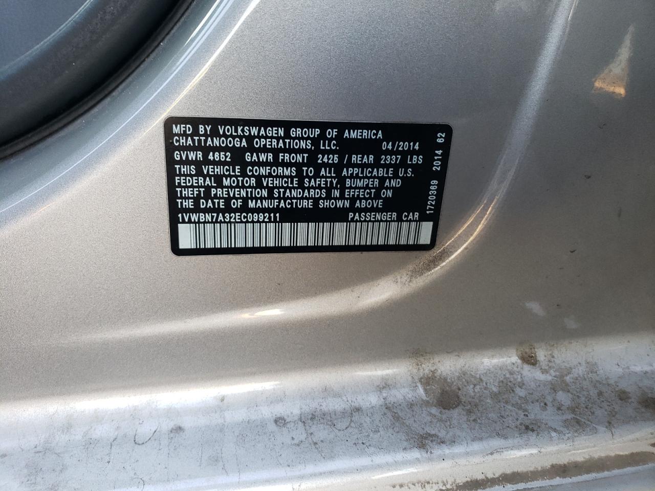 2014 Volkswagen Passat VIN 1VWBN7A32EC099211 Copart auction photo, side damage thumbnail 14