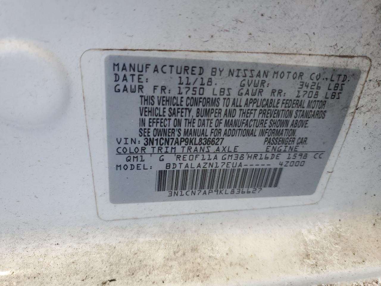 2019 Nissan Versa VIN 3N1CN7AP9KL836627 Copart auction photo, top/roof damage thumbnail 12