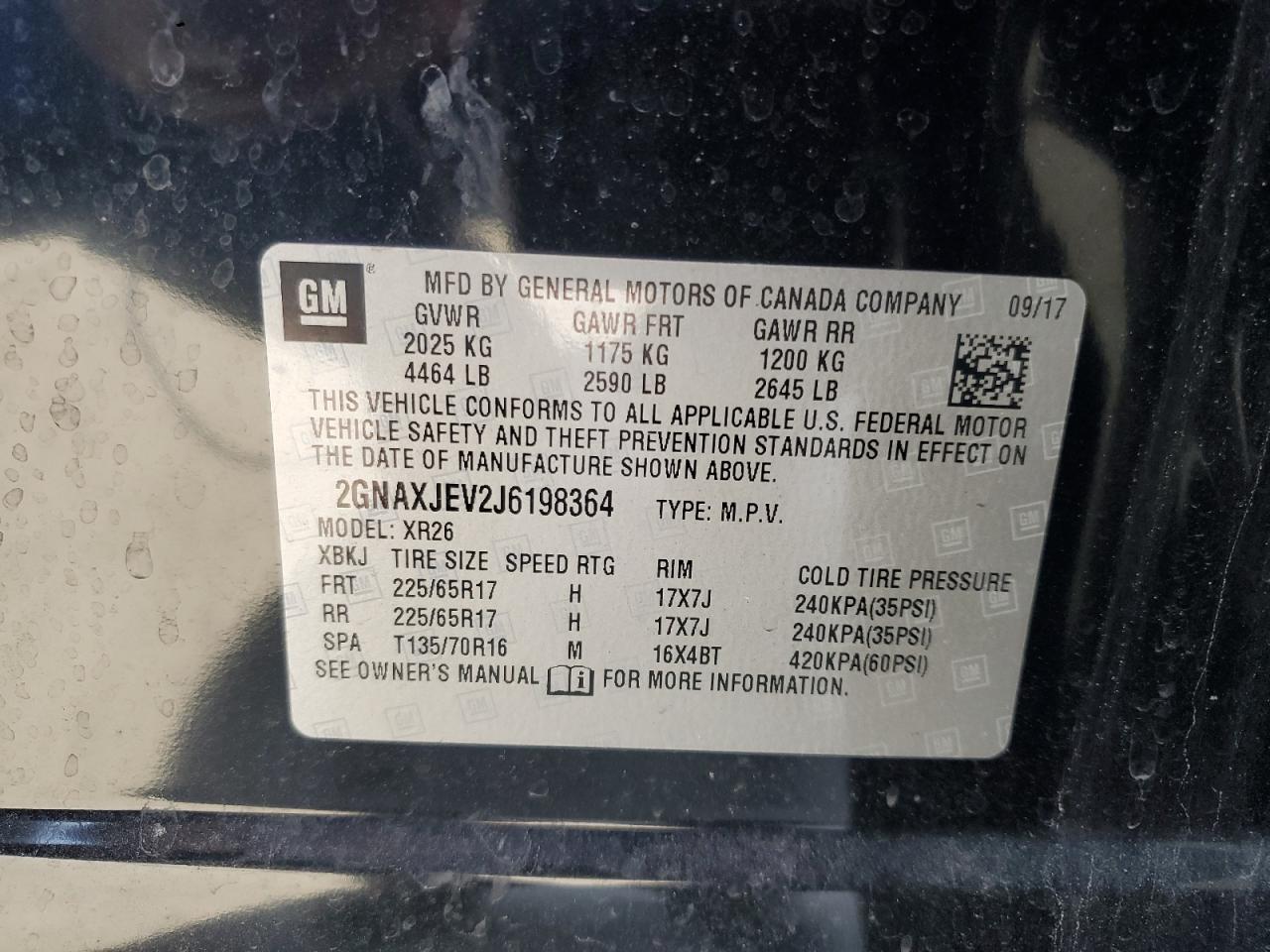 2018 Chevrolet Equinox VIN 2GNAXJEV2J6198364 Copart auction photo, rear end / undercarriage damage thumbnail 13