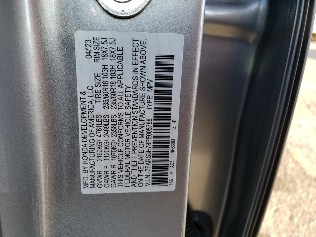 2023 Honda CR-V VIN 7FARS3H78PE005788 Copart auction photo, front end damage thumbnail 14