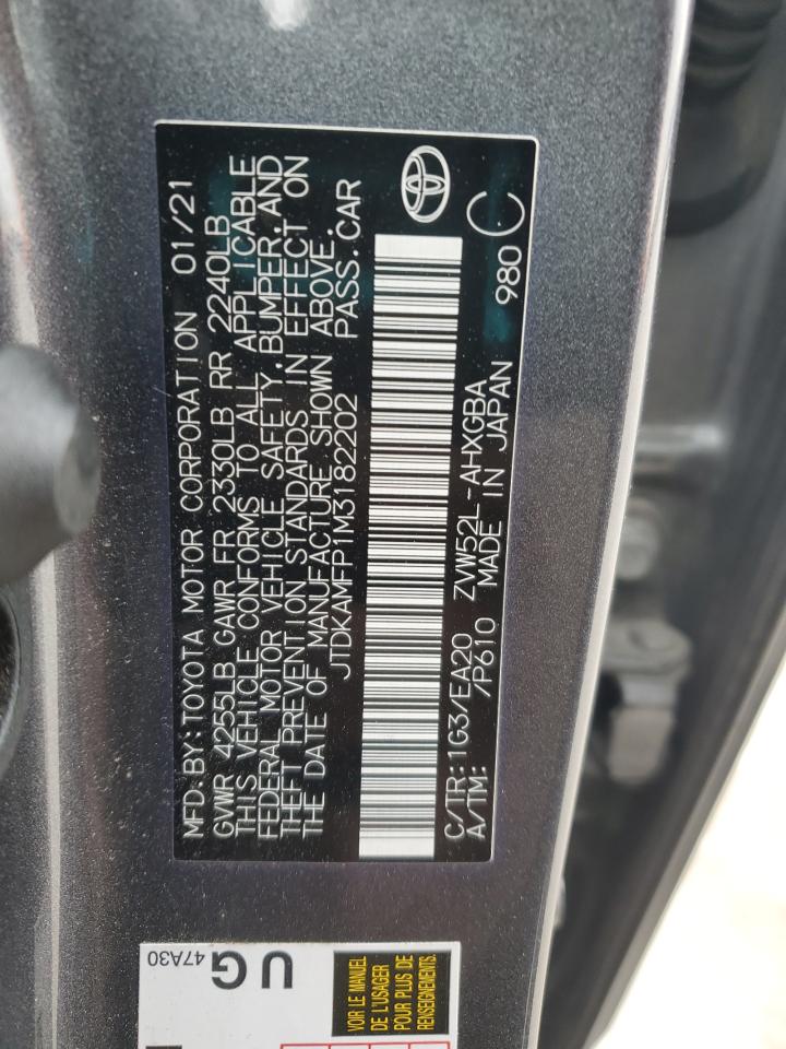 2021 Toyota Prius VIN JTDKAMFP1M3182202 Copart auction photo, side / hail damage thumbnail 12