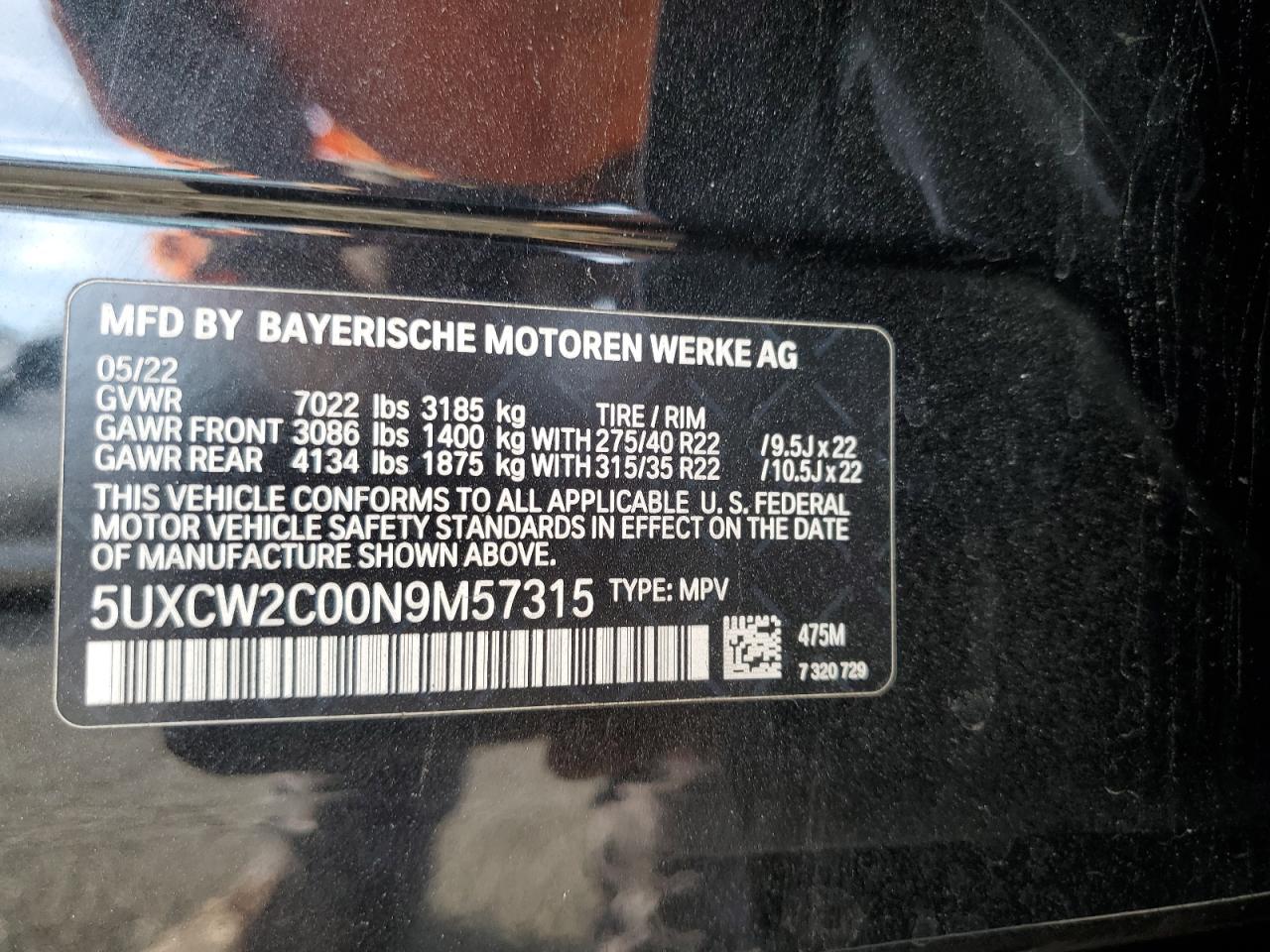2022 BMW X7 VIN 5UXCW2C00N9M57315 Copart auction photo, all over damage thumbnail 13