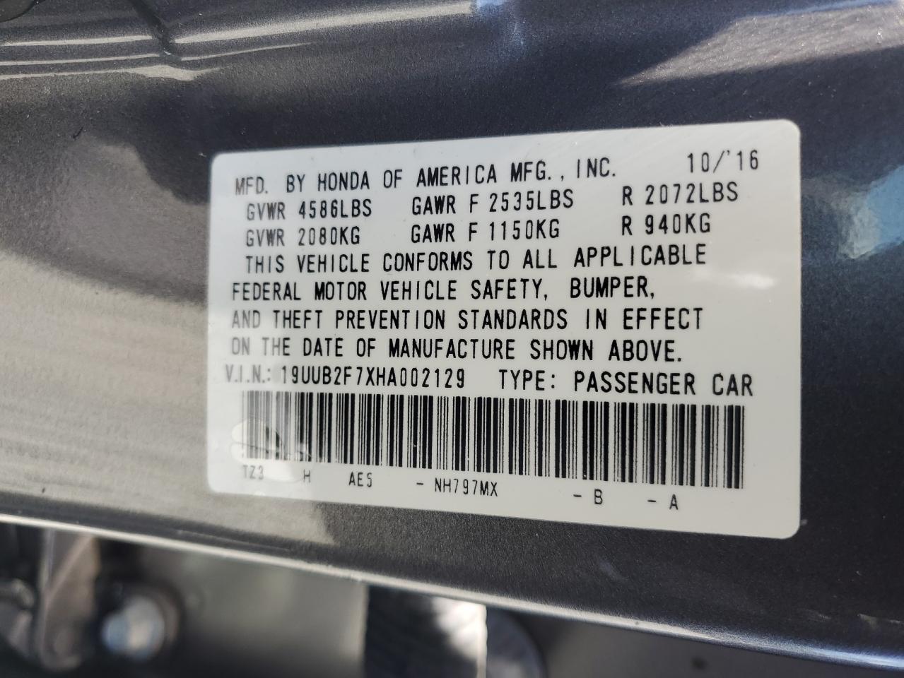 2017 Acura TLX VIN 19UUB2F7XHA002129 Copart auction photo, side / undercarriage damage thumbnail 12