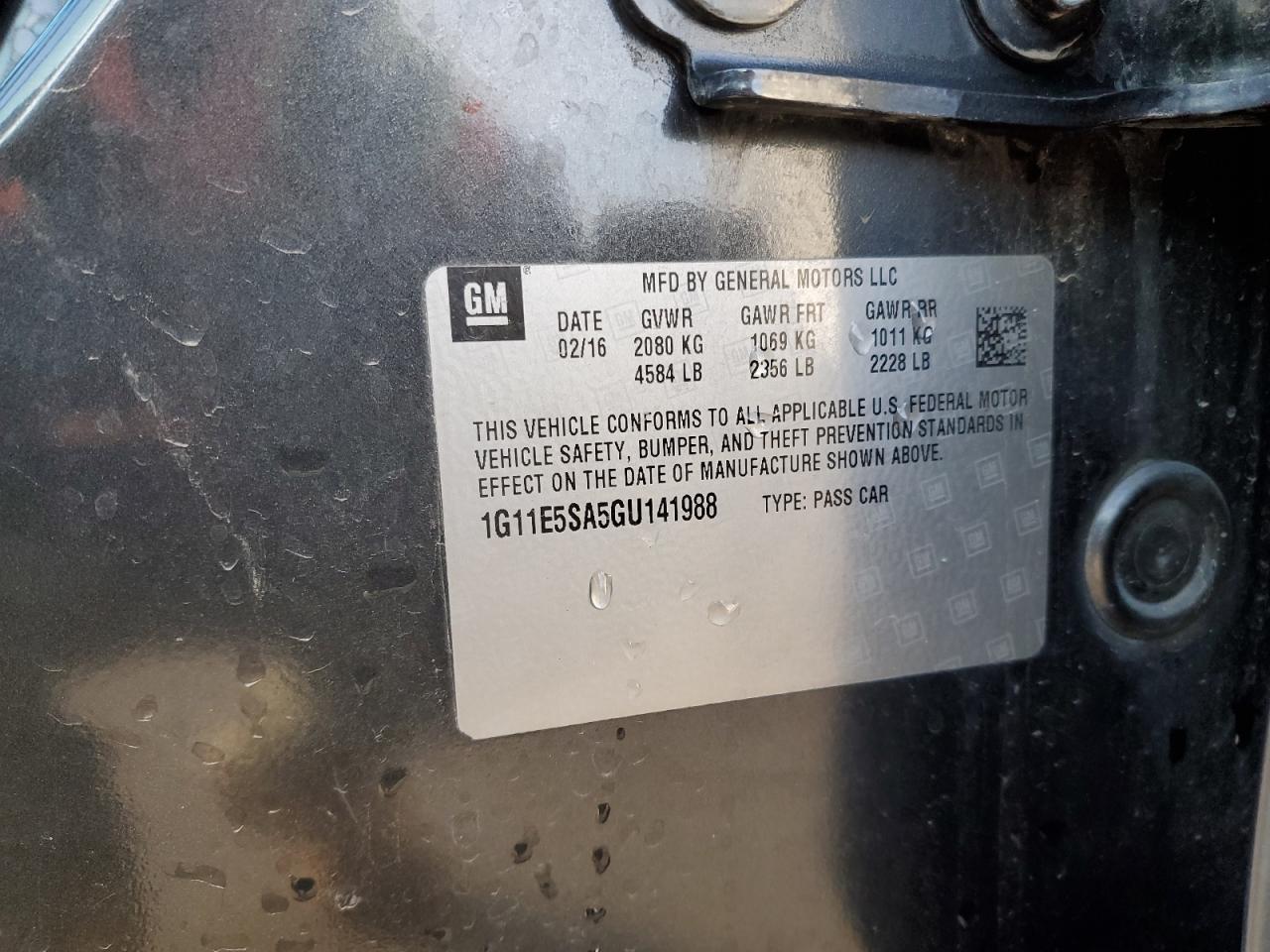 2016 Chevrolet Malibu VIN 1G11E5SA5GU141988 Copart auction photo, front end damage thumbnail 13