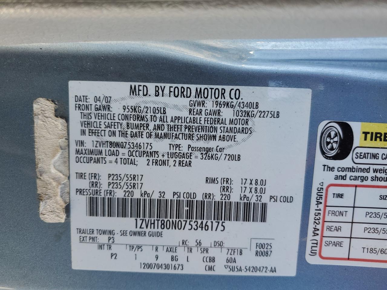 2007 Ford Mustang VIN 1ZVHT80N075346175 Copart auction photo, front end damage thumbnail 12