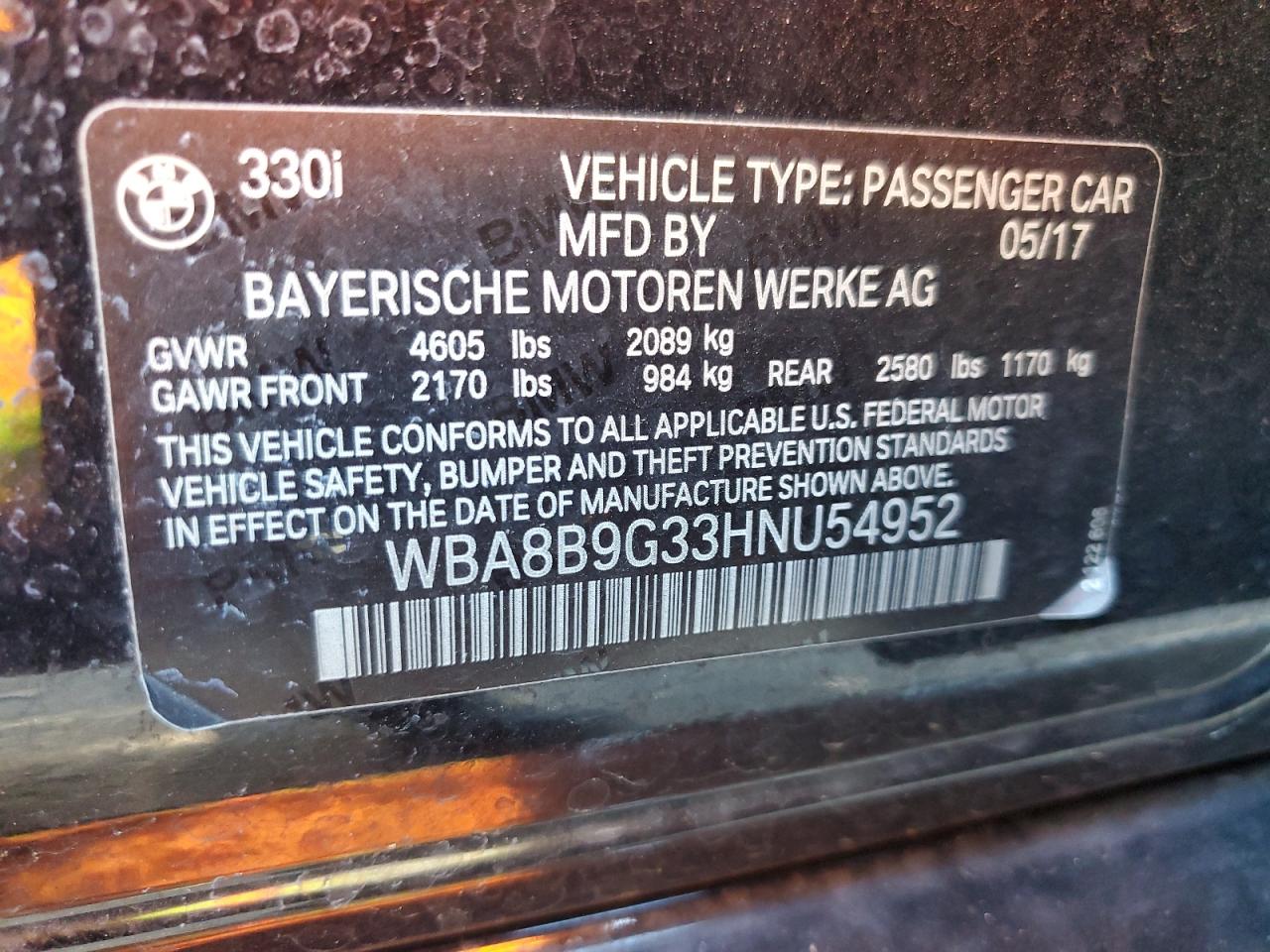 2017 BMW 3er VIN WBA8B9G33HNU54952 Copart auction photo, front end damage thumbnail 13