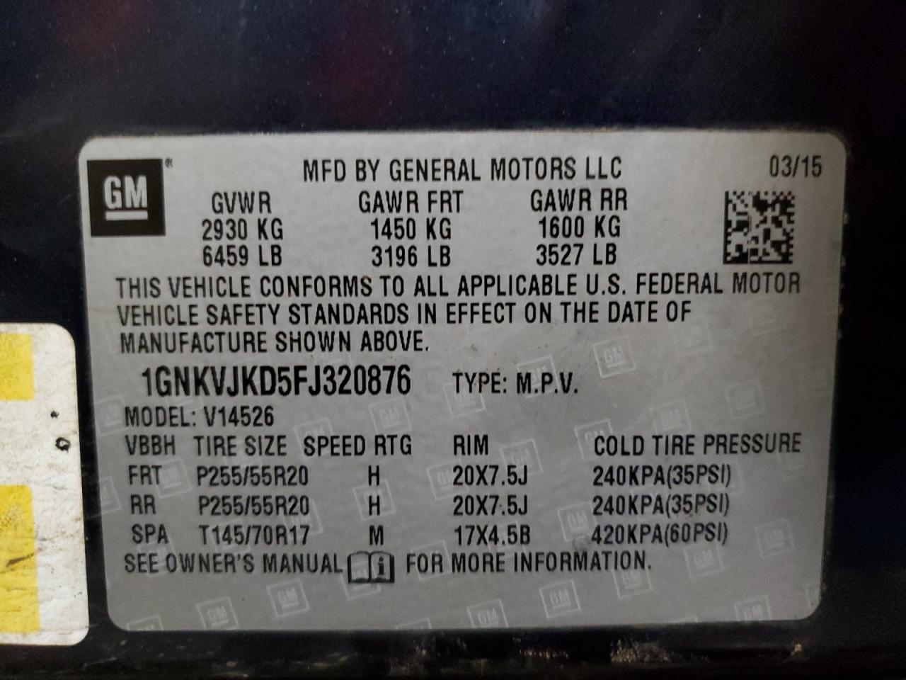 2015 Chevrolet Traverse VIN 1GNKVJKD5FJ320876 Copart auction photo, front end / rear end damage thumbnail 14