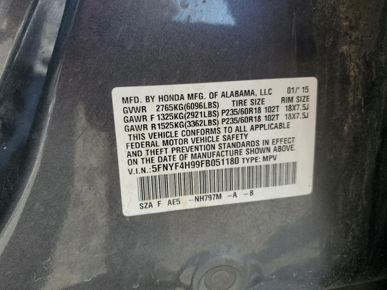 2015 Honda Pilot VIN 5FNYF4H99FB051180 Copart auction photo, side / undercarriage damage thumbnail 14