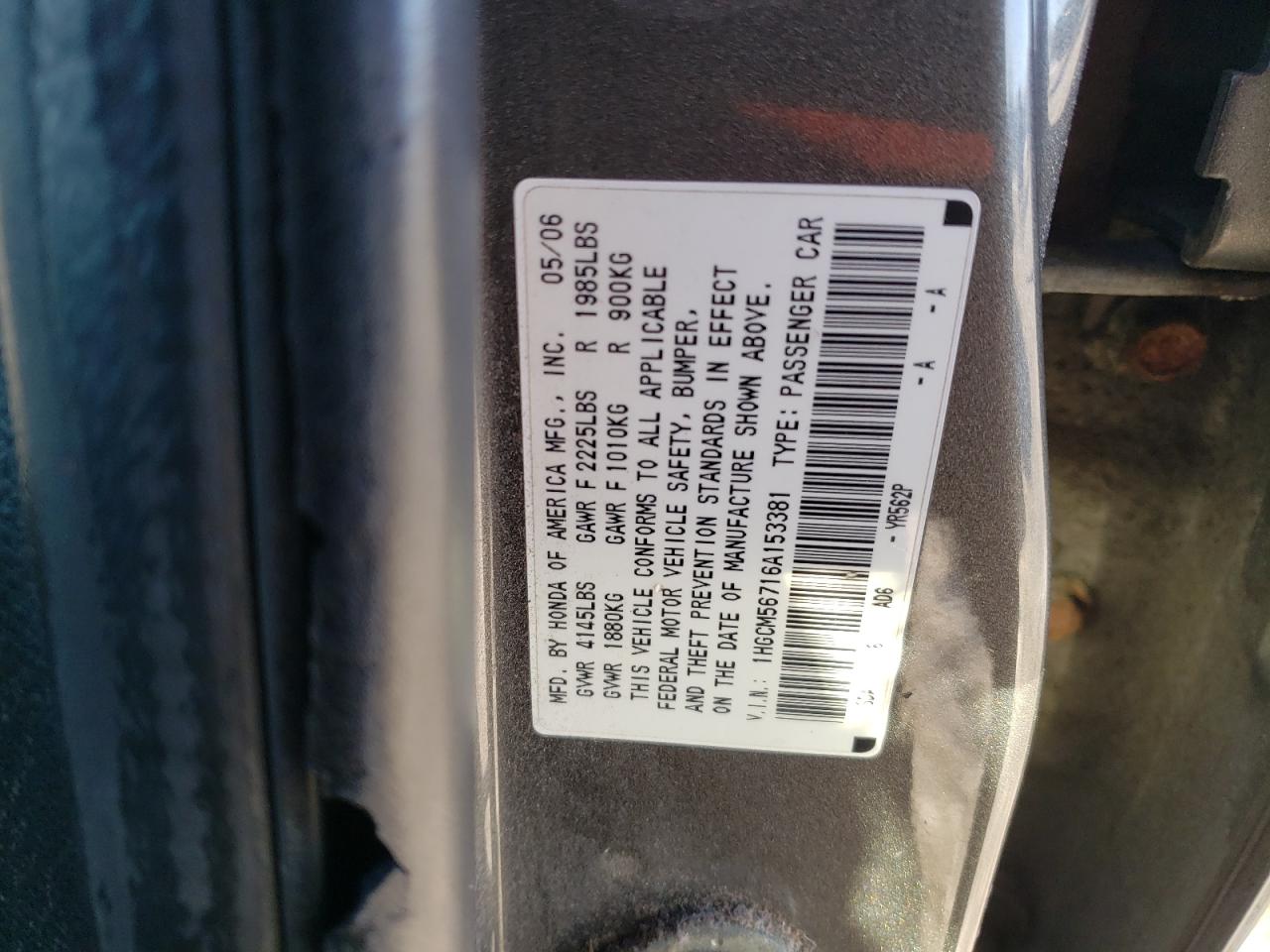 2006 Honda Accord VIN 1HGCM56716A153381 Copart auction photo, front end damage thumbnail 15