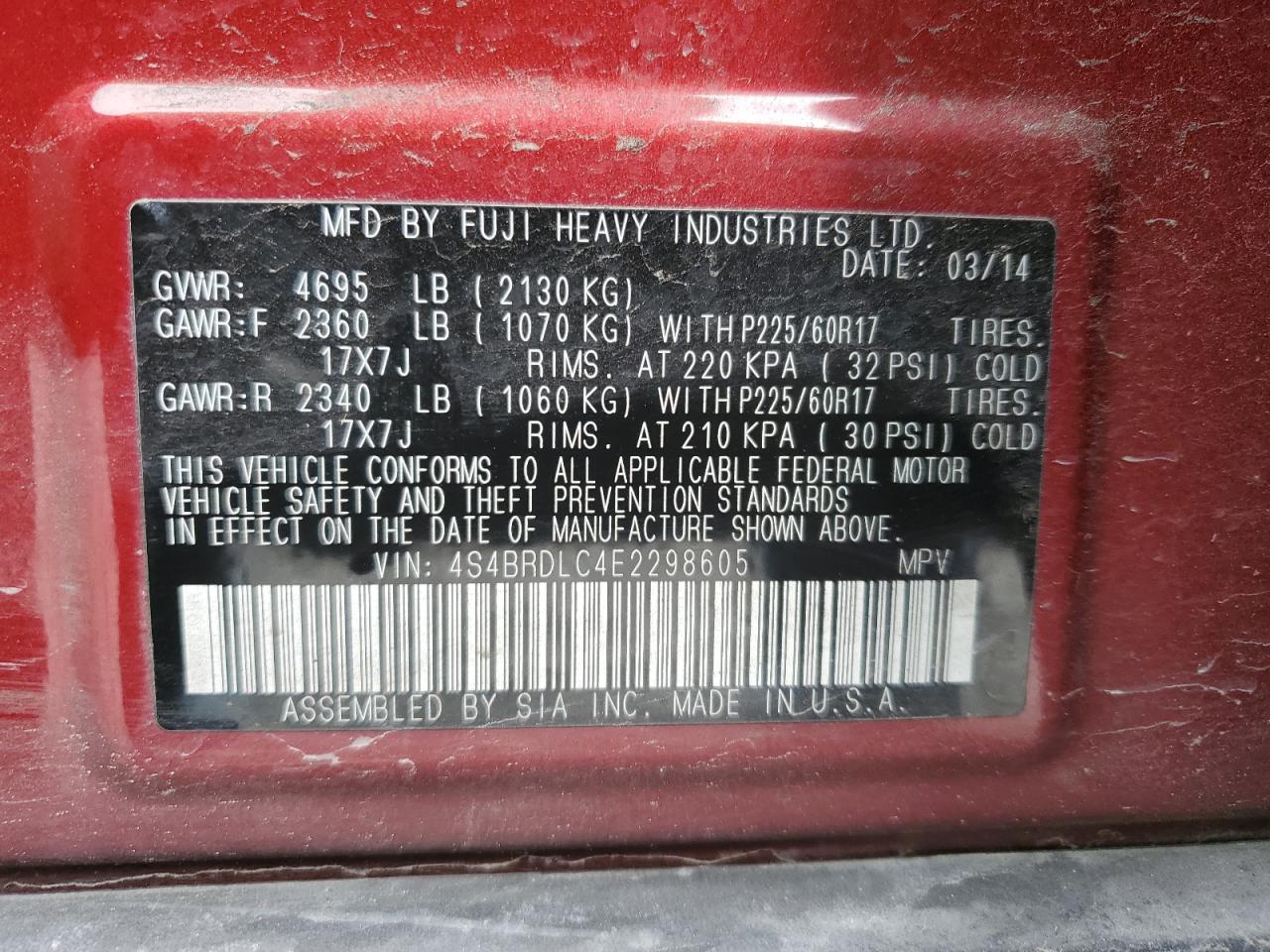 2014 Subaru Outback VIN 4S4BRDLC4E2298605 Copart auction photo, front end damage thumbnail 13