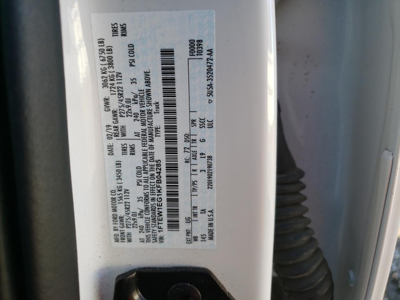 2019 Ford F-150 VIN 1FTEW1EG1KFB04285 Copart auction photo, front end damage thumbnail 16