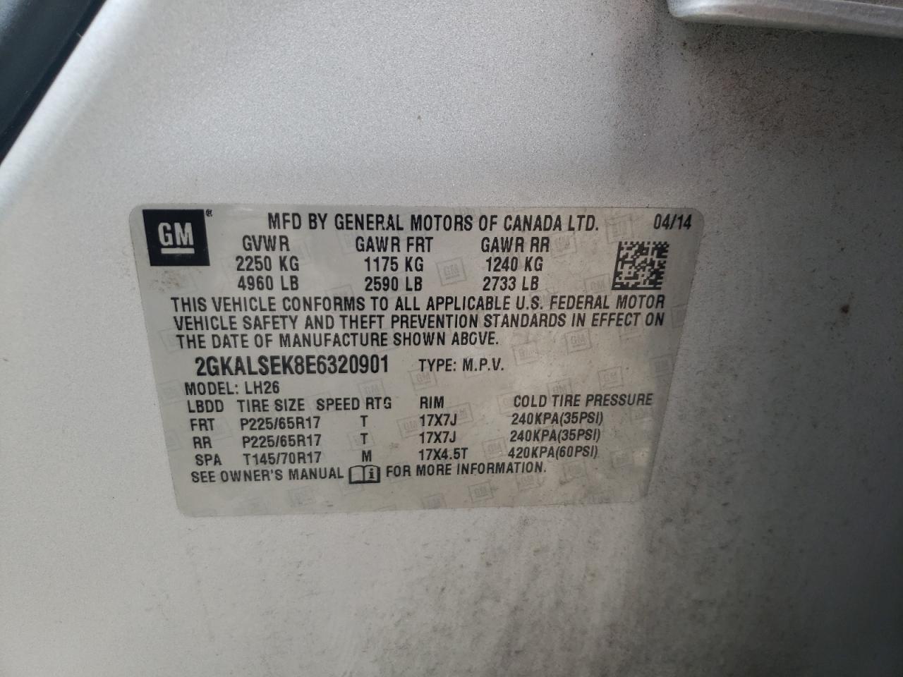 2014 GMC Terrain VIN 2GKALSEK8E6320901 Copart auction photo, side / rear end damage thumbnail 14