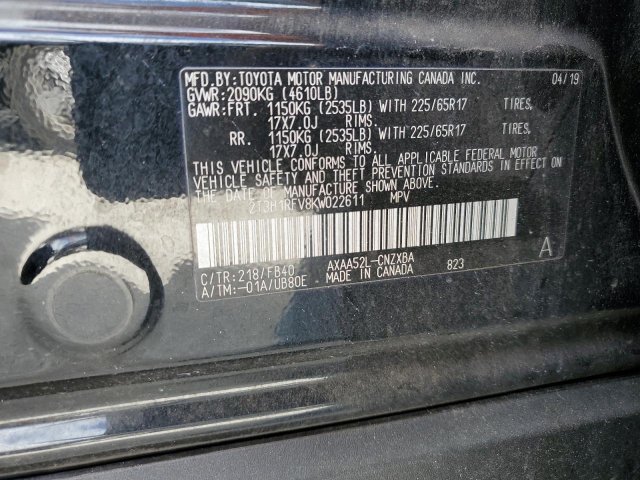 2019 Toyota RAV 4 VIN 2T3H1RFV8KW022611 Copart auction photo, water/flood damage thumbnail 14