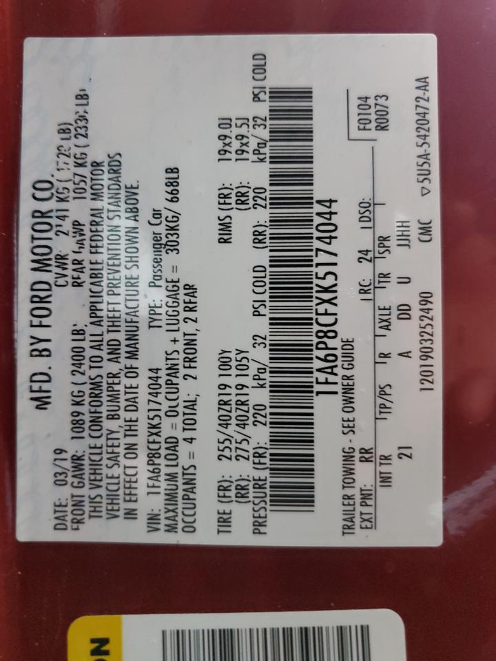 2019 Ford Mustang VIN 1FA6P8CFXK5174044 Copart auction photo, water/flood damage thumbnail 13