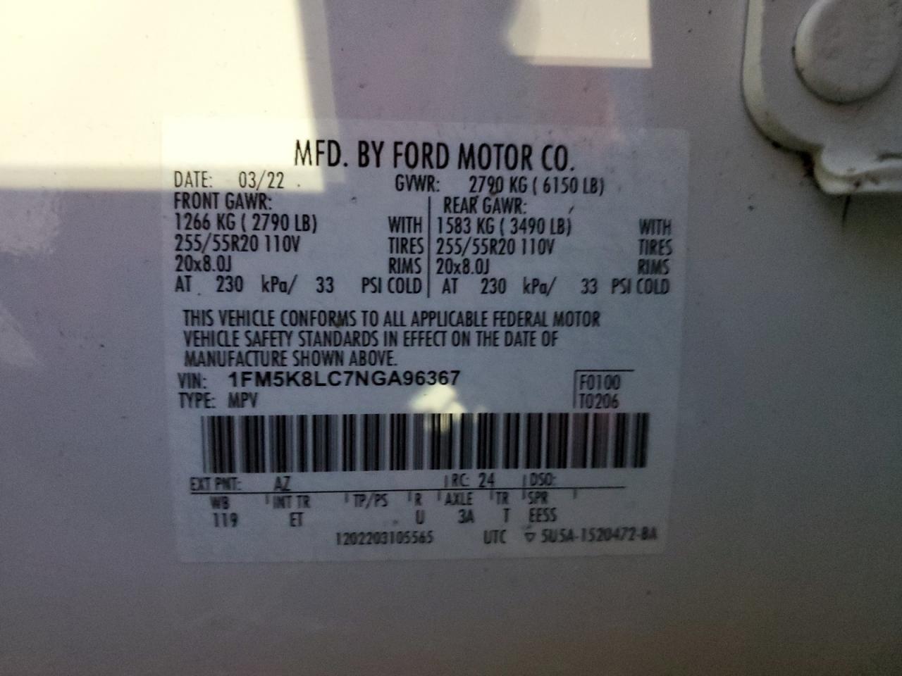 2022 Ford Explorer VIN 1FM5K8LC7NGA96367 Copart auction photo, water/flood damage thumbnail 14