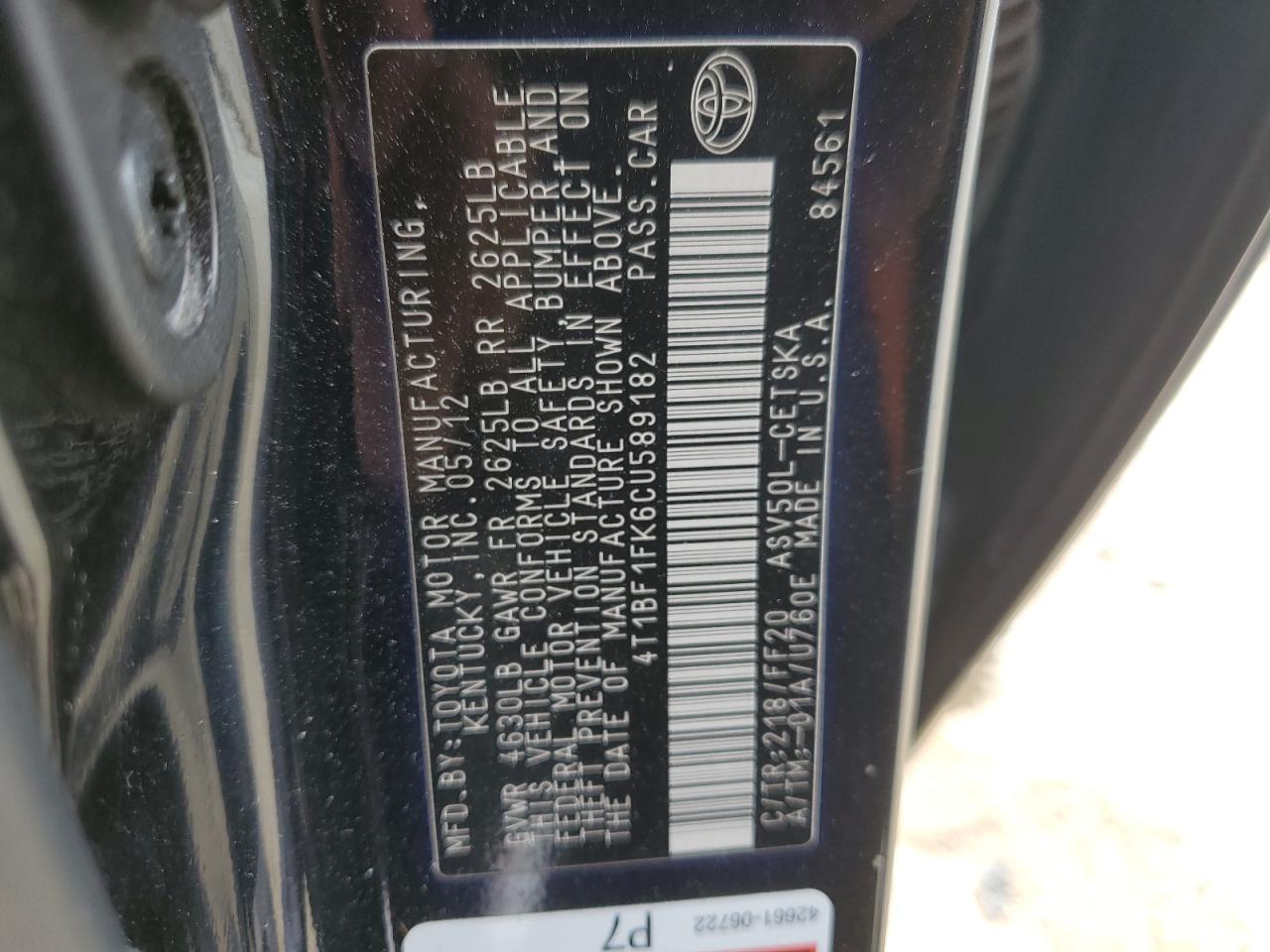 2012 Toyota Camry VIN 4T1BF1FK6CU589182 Copart auction photo, front end damage thumbnail 14