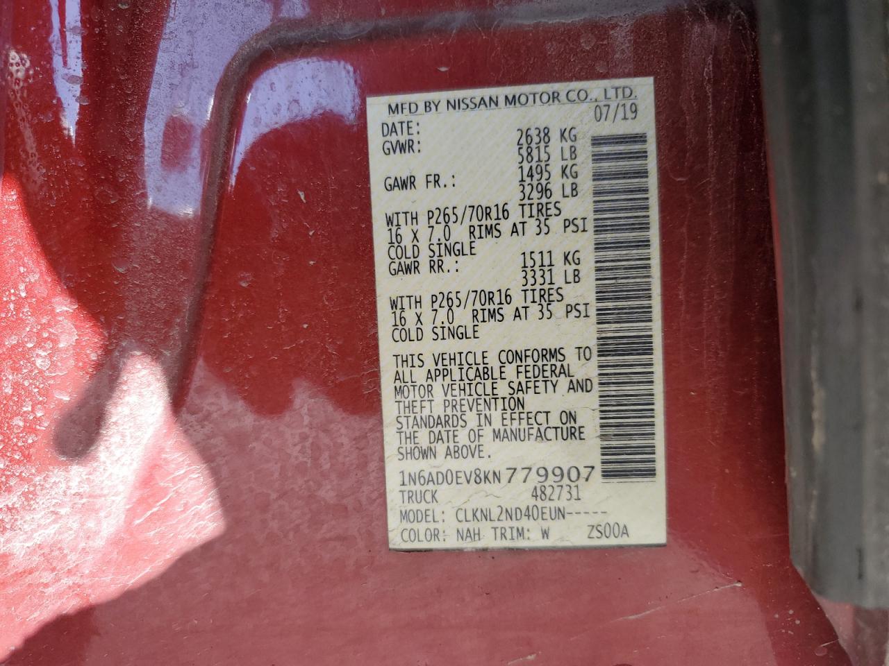 2019 Nissan Navara (Frontier) VIN 1N6AD0EV8KN779907 Copart auction photo, front end damage thumbnail 12