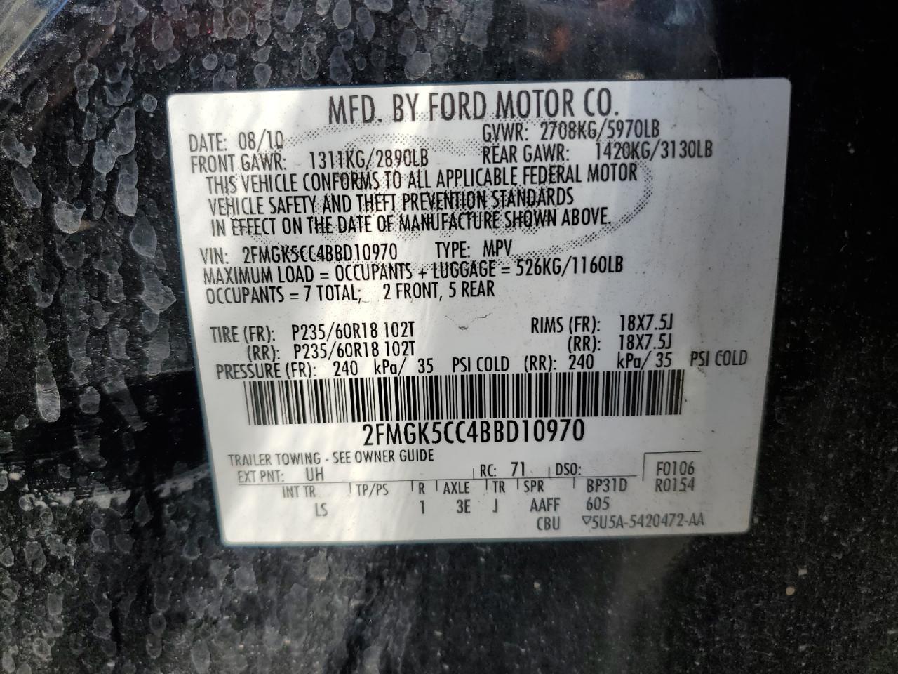 2011 Ford Flex VIN 2FMGK5CC4BBD10970 Copart auction photo, all over damage thumbnail 13