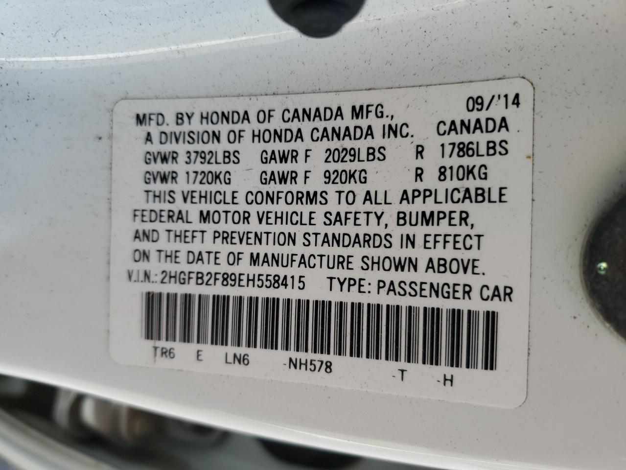 2014 Honda Civic VIN 2HGFB2F89EH558415 Copart auction photo, front end / side damage thumbnail 13