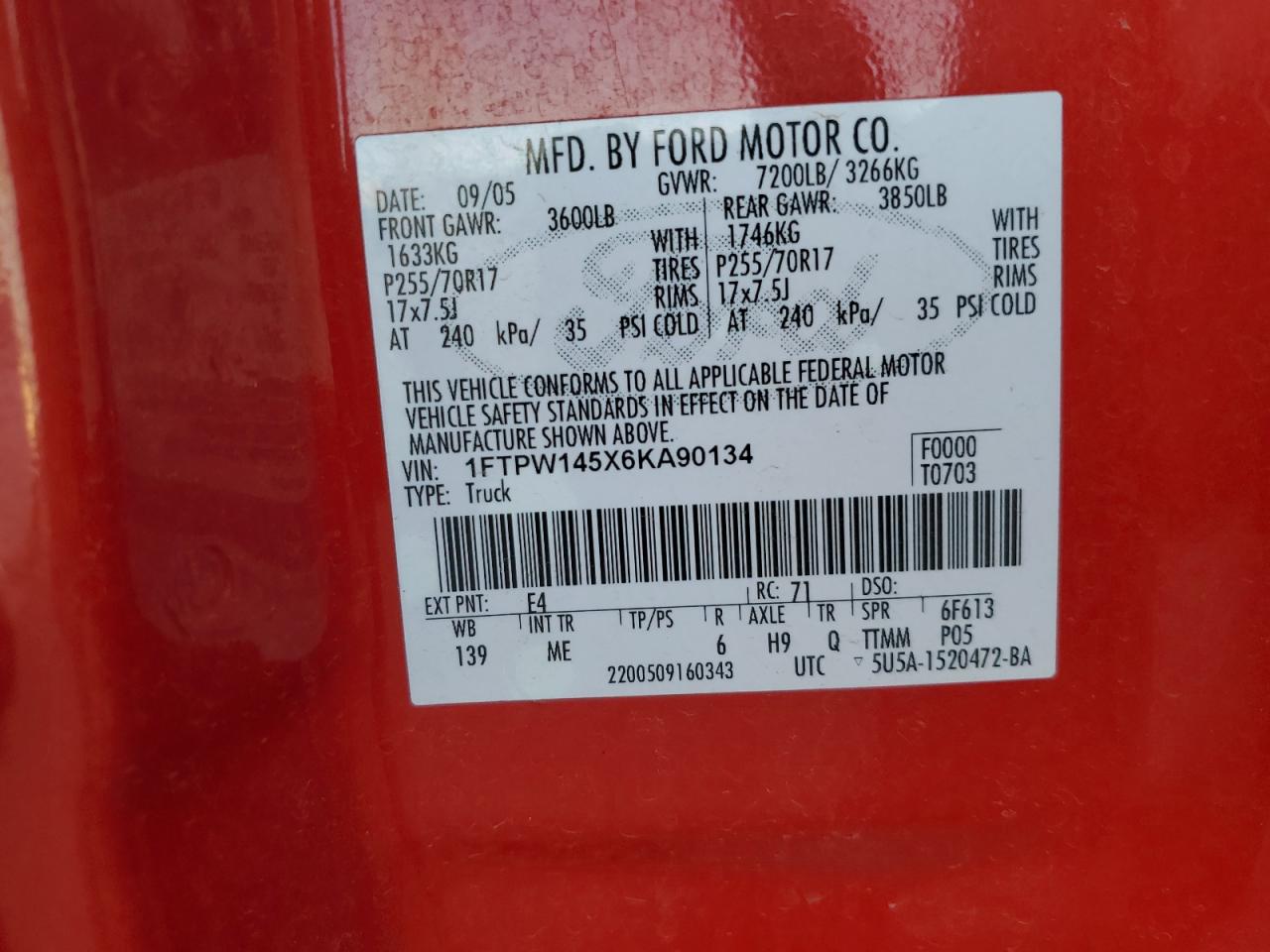 2006 Ford F-150 VIN 1FTPW145X6KA90134 Copart auction photo, burn - interior / stripped damage thumbnail 12