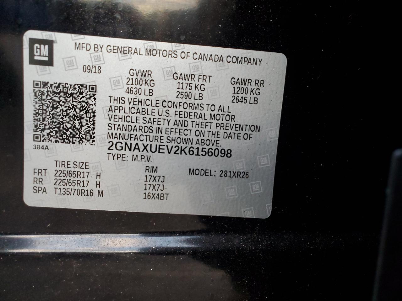 2019 Chevrolet Equinox VIN 2GNAXUEV2K6156098 Copart auction photo, vandalism / side damage thumbnail 13