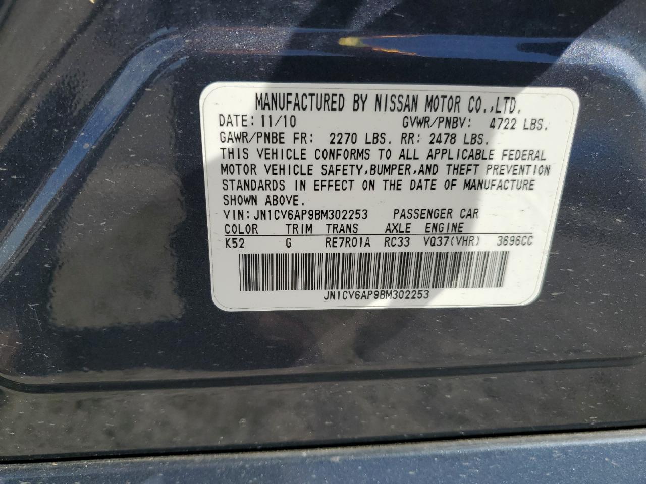 2011 Infiniti G VIN JN1CV6AP9BM302253 Copart auction photo, vandalism / all over damage thumbnail 15