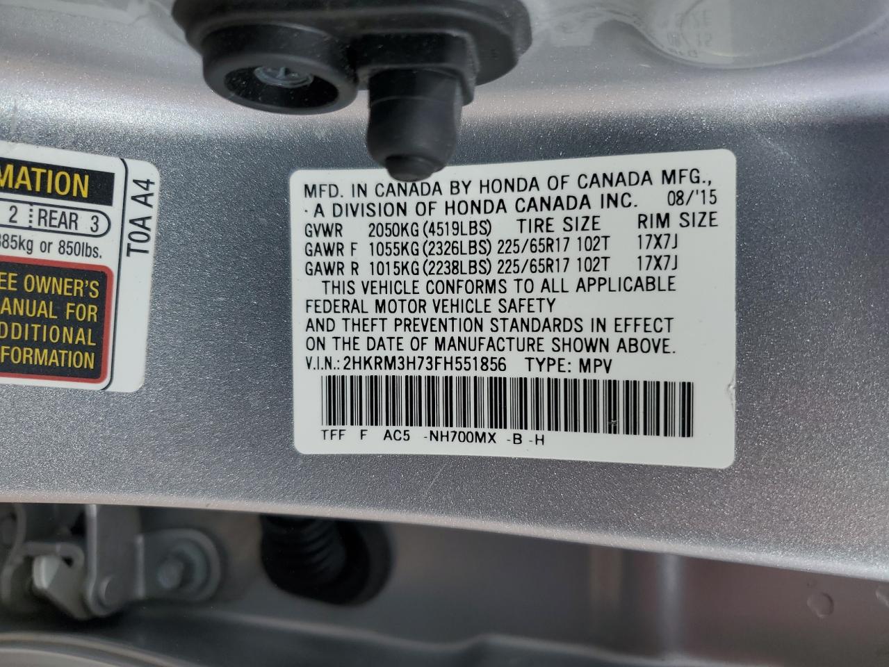 2015 Honda CR-V VIN 2HKRM3H73FH551856 Copart auction photo, rear end damage thumbnail 13