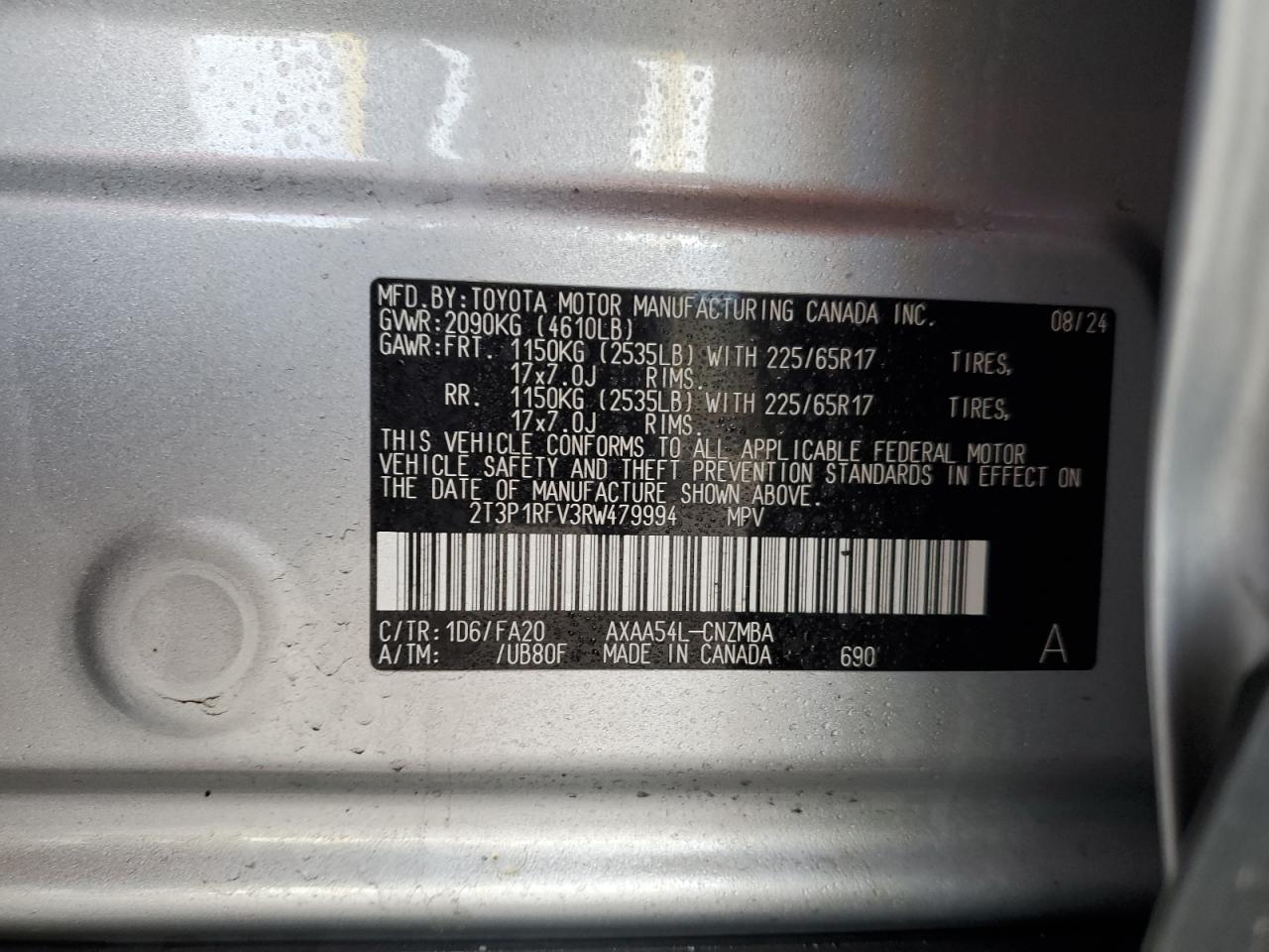 2024 Toyota RAV 4 VIN 2T3P1RFV3RW479994 Copart auction photo, front end / minor dent/scratches damage thumbnail 13