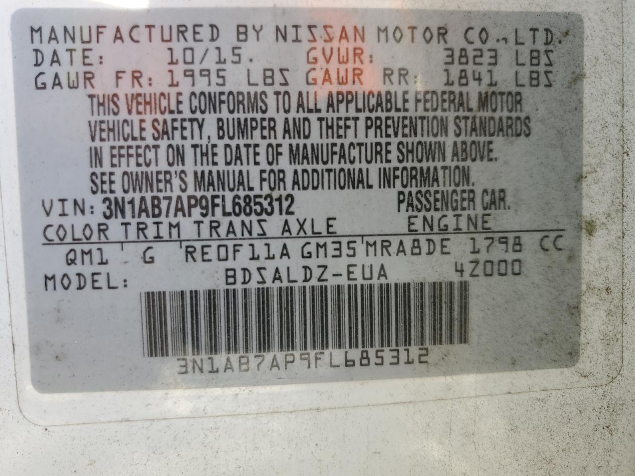 2015 Nissan Sentra VIN 3N1AB7AP9FL685312 Copart auction photo, rear end damage thumbnail 12