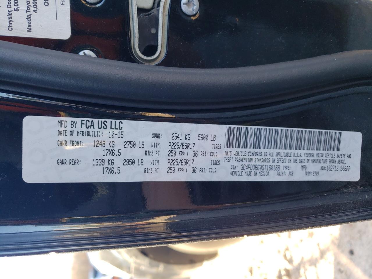 2016 Dodge Journey VIN 3C4PDDBG0GT160168 Copart auction photo, side damage thumbnail 13