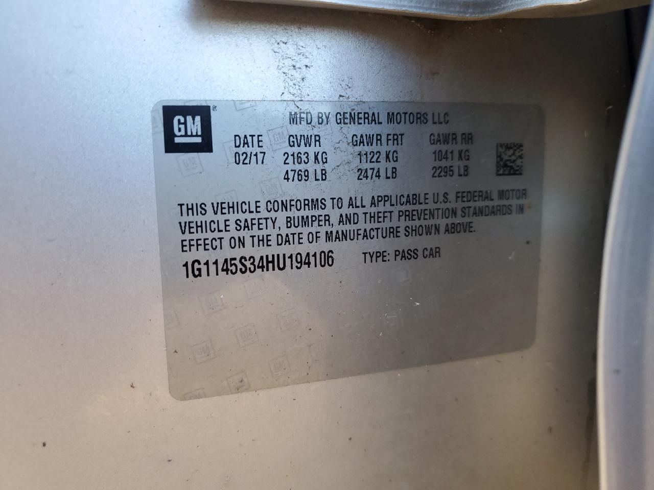 2017 Chevrolet Impala VIN 1G1145S34HU194106 Copart auction photo, front end / side damage thumbnail 13