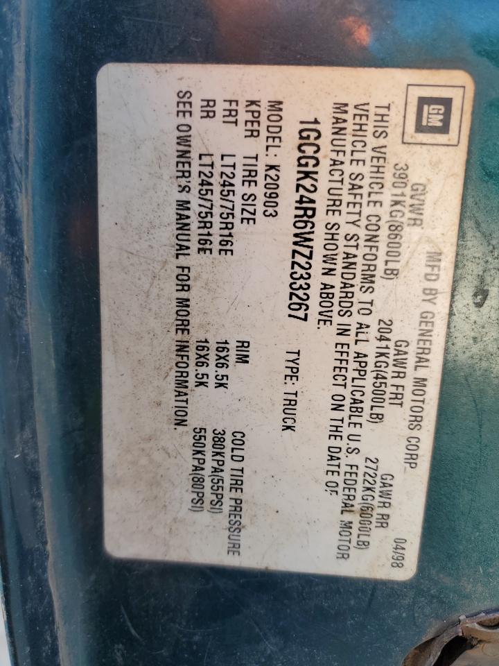 1998 Chevrolet GMT-400 VIN 1GCGK24R6WZ233267 Copart auction photo, all over damage thumbnail 12