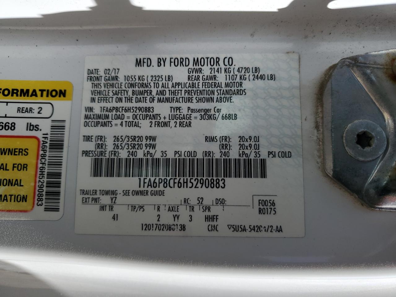 2017 Ford Mustang VIN 1FA6P8CF6H5290883 Copart auction photo, front end / side damage thumbnail 15