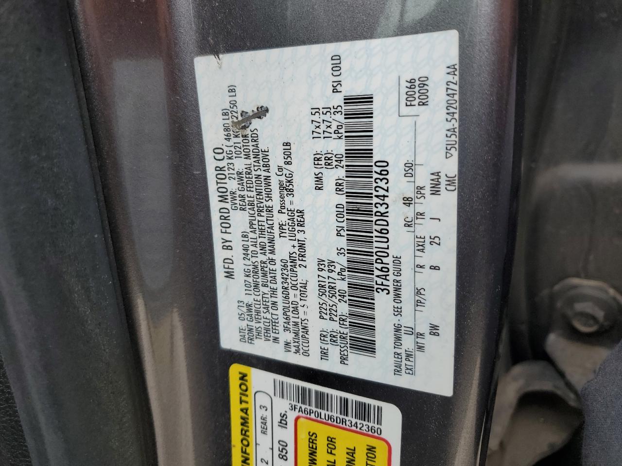 2013 Ford Fusion VIN 3FA6P0LU6DR342360 Copart auction photo, front end / side damage thumbnail 12