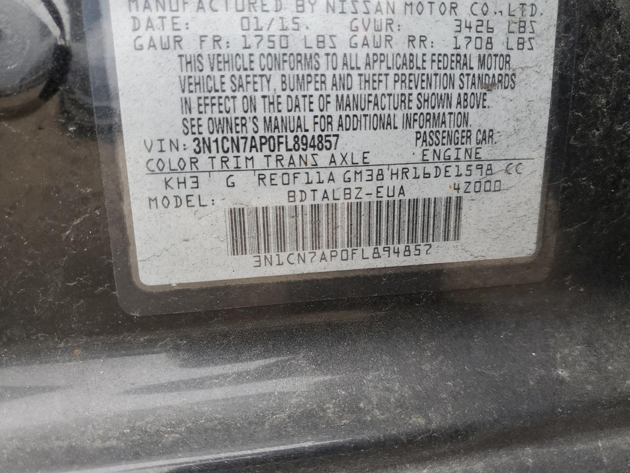 2015 Nissan Versa VIN 3N1CN7AP0FL894857 Copart auction photo, rear end / side damage thumbnail 12