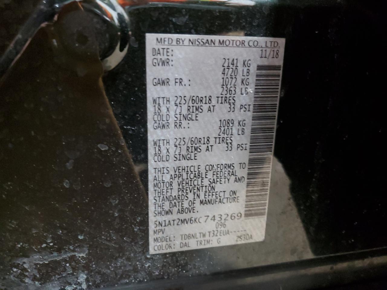2019 Nissan Rogue VIN 5N1AT2MV6KC743269 Copart auction photo, front end damage thumbnail 13