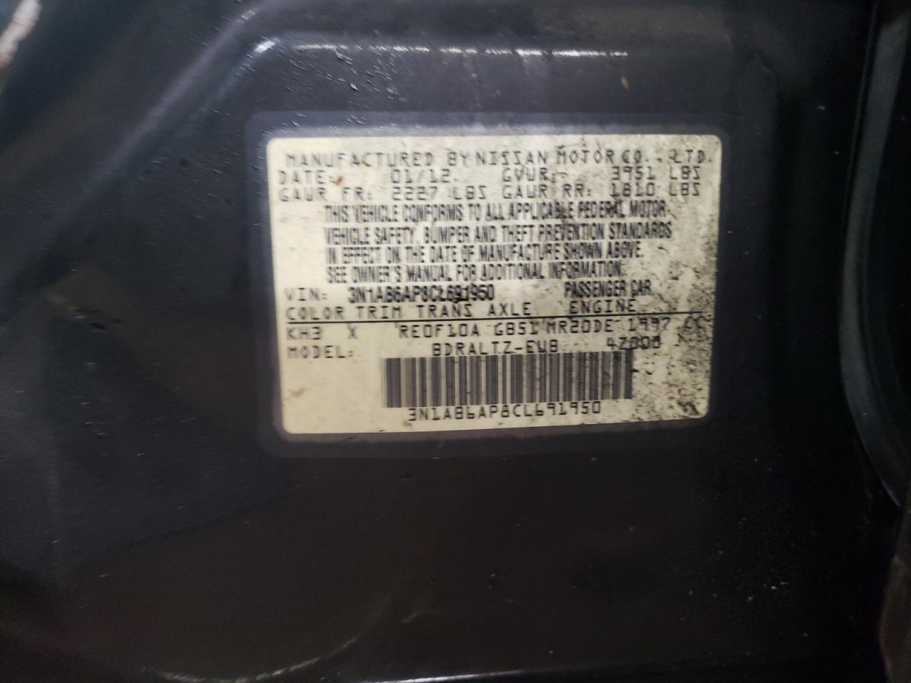 2012 Nissan Sentra VIN 3N1AB6AP8CL691950 Copart auction photo, water/flood / side damage thumbnail 12