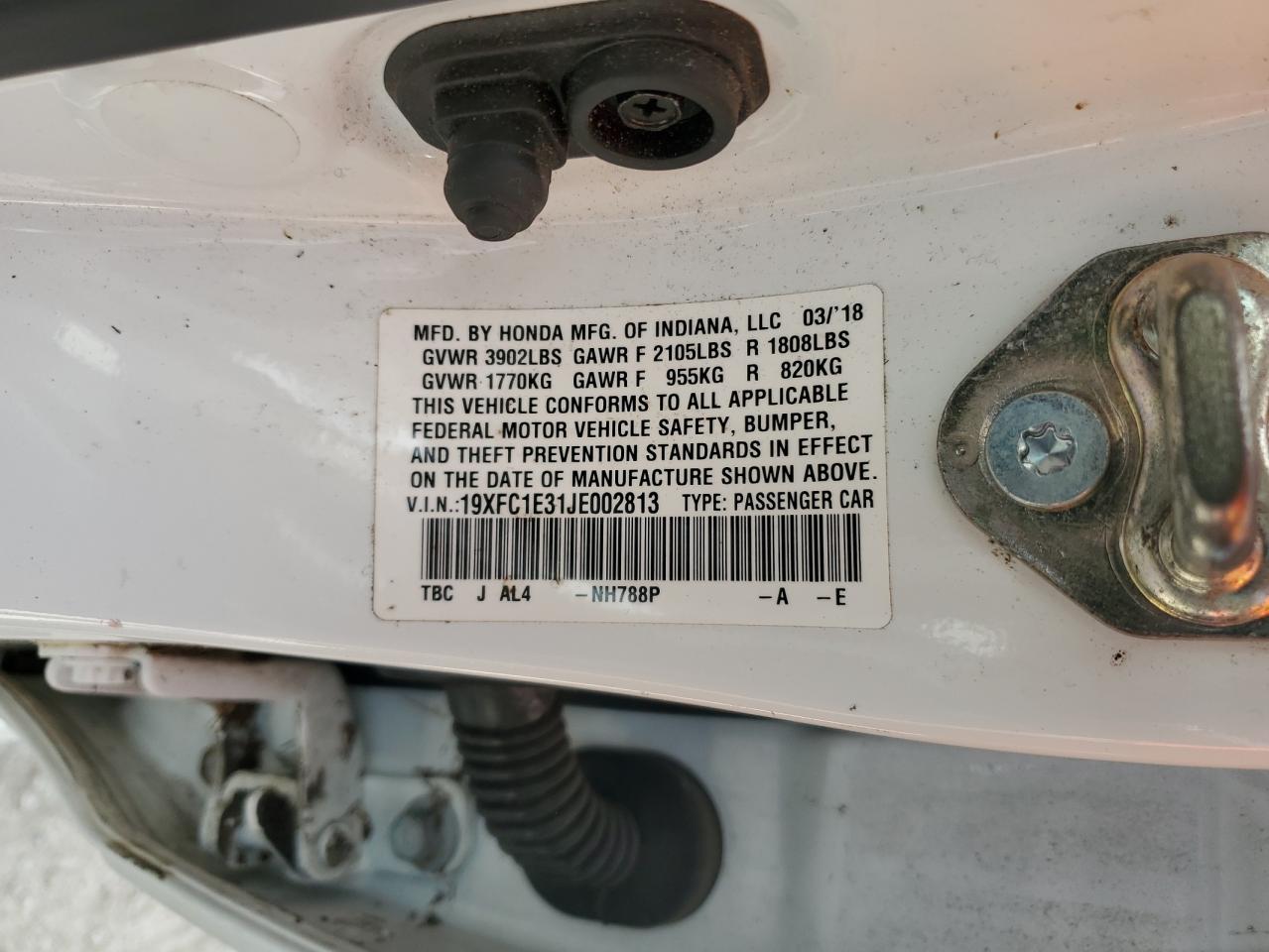 2018 Honda Civic VIN 19XFC1E31JE002813 Copart auction photo, water/flood damage thumbnail 13