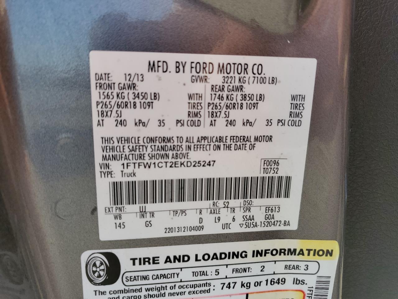 2014 Ford F-150 VIN 1FTFW1CT2EKD25247 Copart auction photo, minor dent/scratches damage thumbnail 12