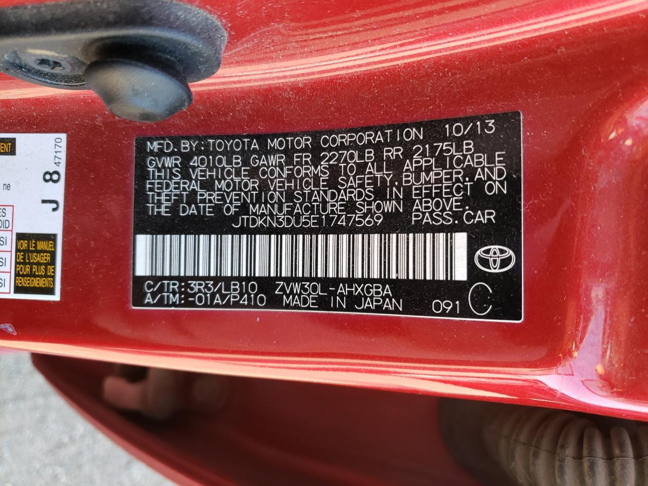 2014 Toyota Prius VIN JTDKN3DU5E1747569 Copart auction photo, front end / side damage thumbnail 13