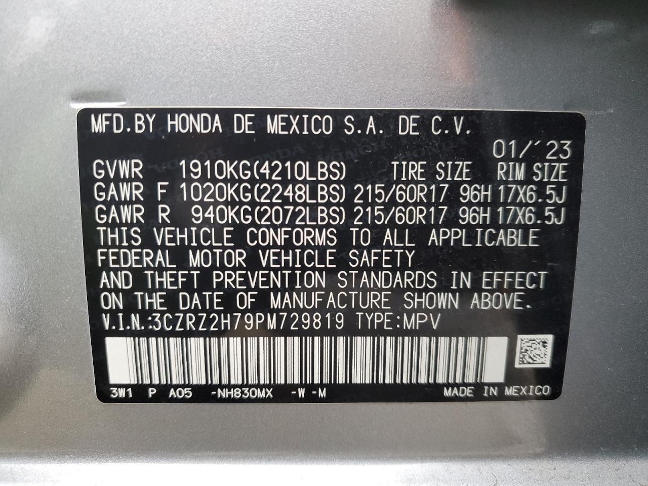 2023 Honda HR-V VIN 3CZRZ2H79PM729819 Copart auction photo, side / rear end damage thumbnail 13