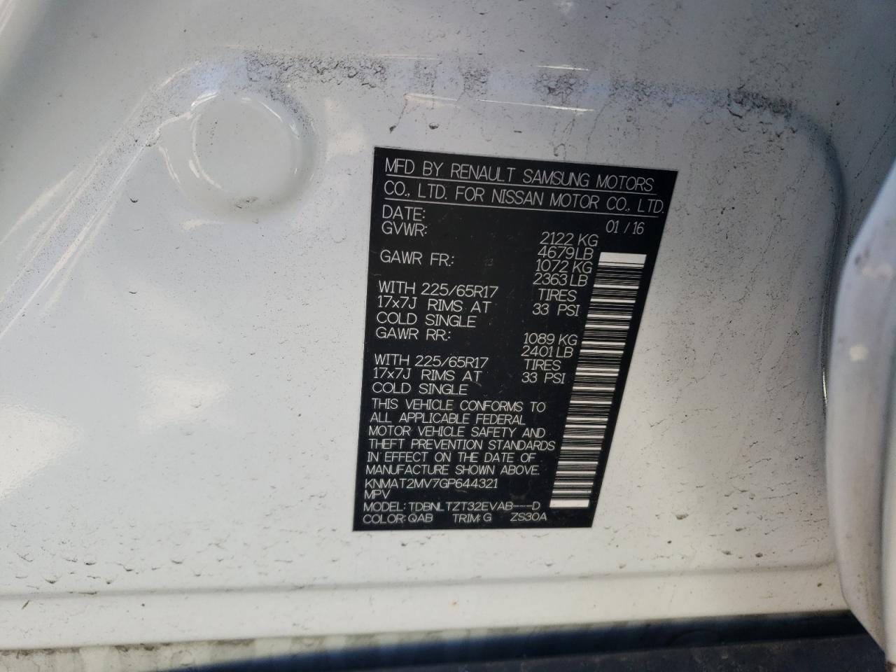 2016 Nissan Rogue VIN KNMAT2MV7GP644321 Copart auction photo, front end / side damage thumbnail 12
