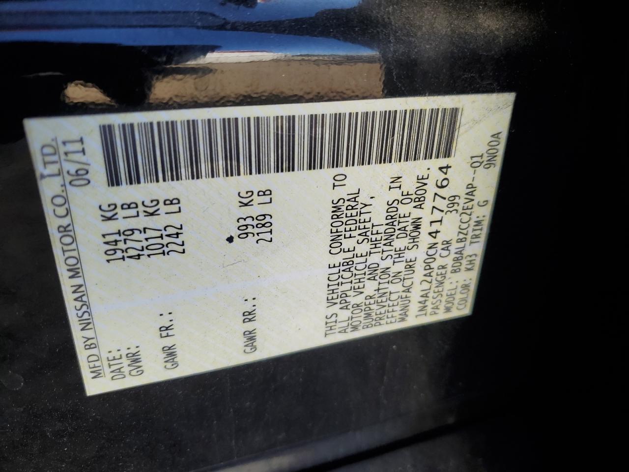 2012 Nissan Altima VIN 1N4AL2AP0CN417764 Copart auction photo, front end damage thumbnail 13