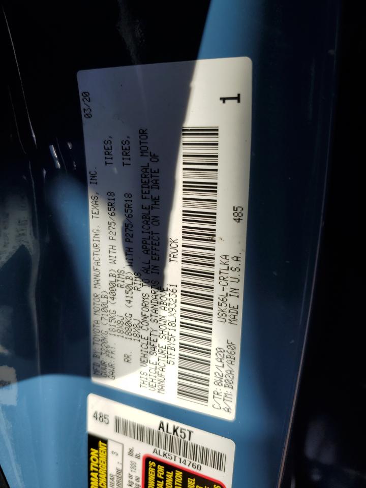 2020 Toyota Tundra VIN 5TFBY5F18LX932361 Copart auction photo, rear end damage thumbnail 12