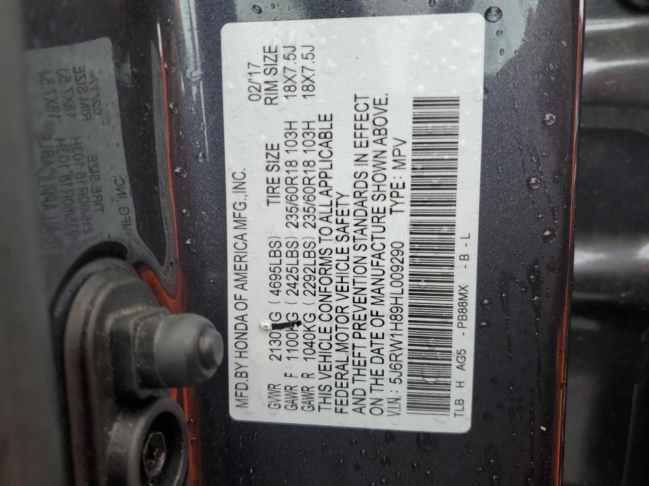 2017 Honda CR-V VIN 5J6RW1H89HL009290 Copart auction photo, all over damage thumbnail 15