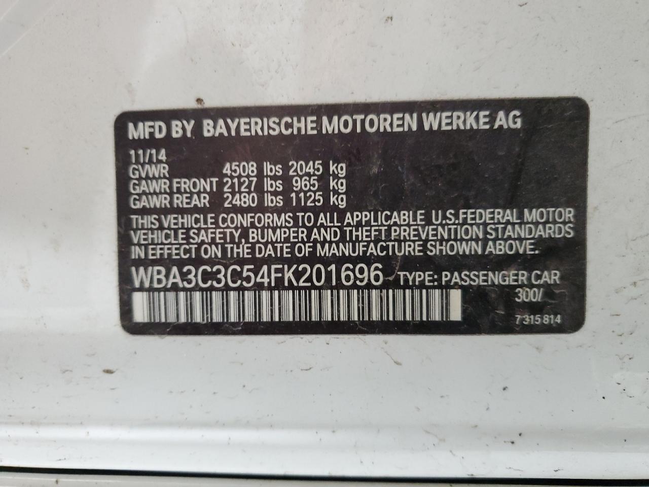 2015 BMW 3er VIN WBA3C3C54FK201696 Copart auction photo, all over damage thumbnail 12