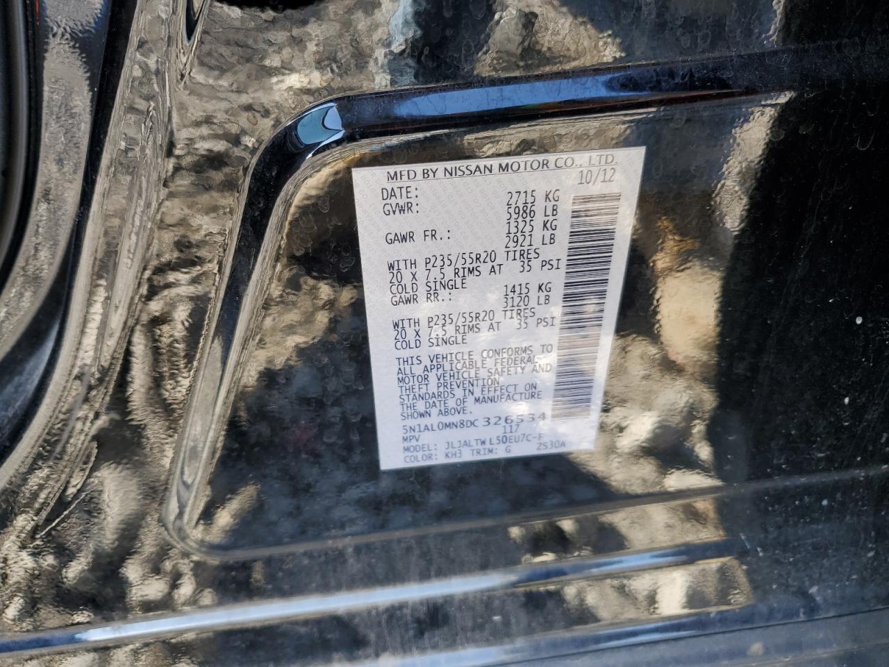 2013 Infiniti JX VIN 5N1AL0MN8DC326534 Copart auction photo, front end damage thumbnail 13