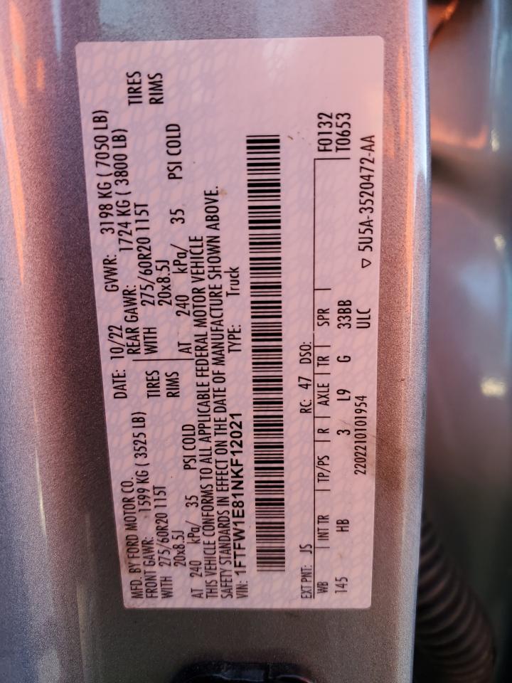 2022 Ford F-150 VIN 1FTFW1E81NKF12021 Copart auction photo, side / rear end damage thumbnail 13