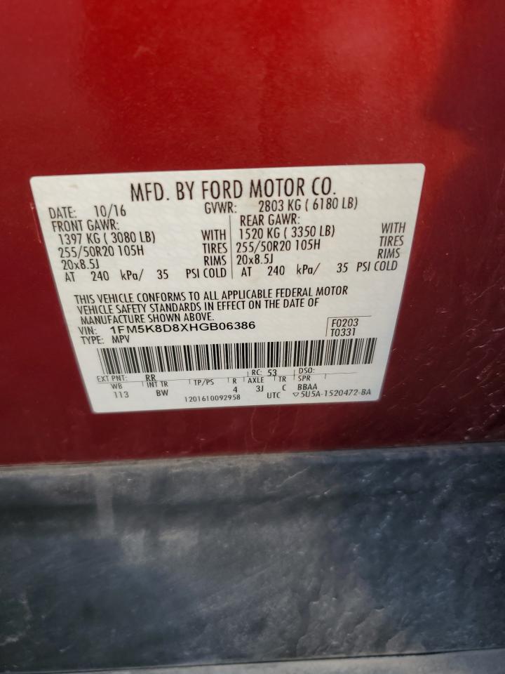 2017 Ford Explorer VIN 1FM5K8D8XHGB06386 Copart auction photo, front end damage thumbnail 13